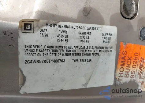 1996 Buick Regal Custom z USA, uszkodzony, nr VIN 2G4WB52K0T1486703